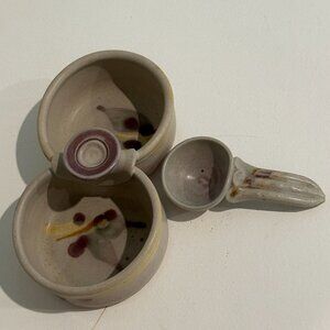 Dual Dish Bowl 7 Inch Spoon Stoneware‎ Pottery Handcrafted Condiment Dip Handle